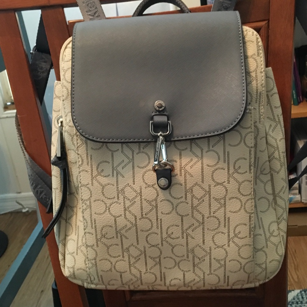 Calvin Klein Monogram Backpack with Blue/Gray Flap & Straps